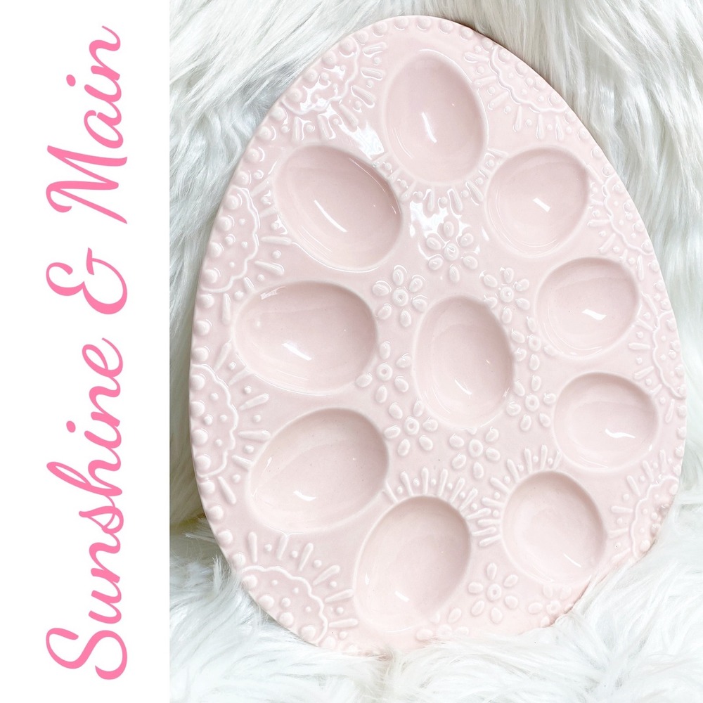 Sunshine & Main Pink Ceramic Egg Shaped Deviled Egg Platter Embossed Floral Tray - Picture 10 of 10